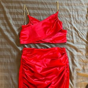 Fashion Nova Red Satin Two- Piece Skirt Set
